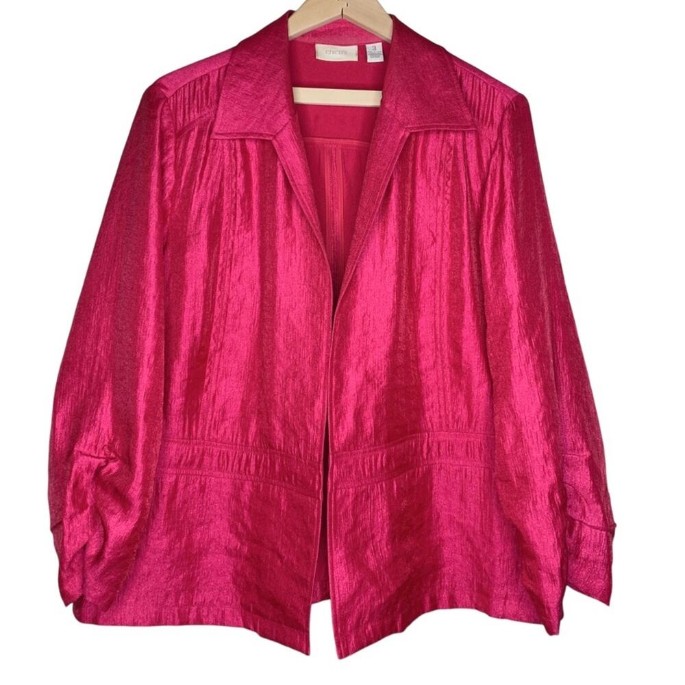 Chico's Satin Jacket XL 16 Magenta Fuchsia Pink Shimmer Open Front Blazer Party